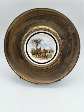 Vintage Regency Bone China Decorative Plate Brass Edge The Huntsman Scene